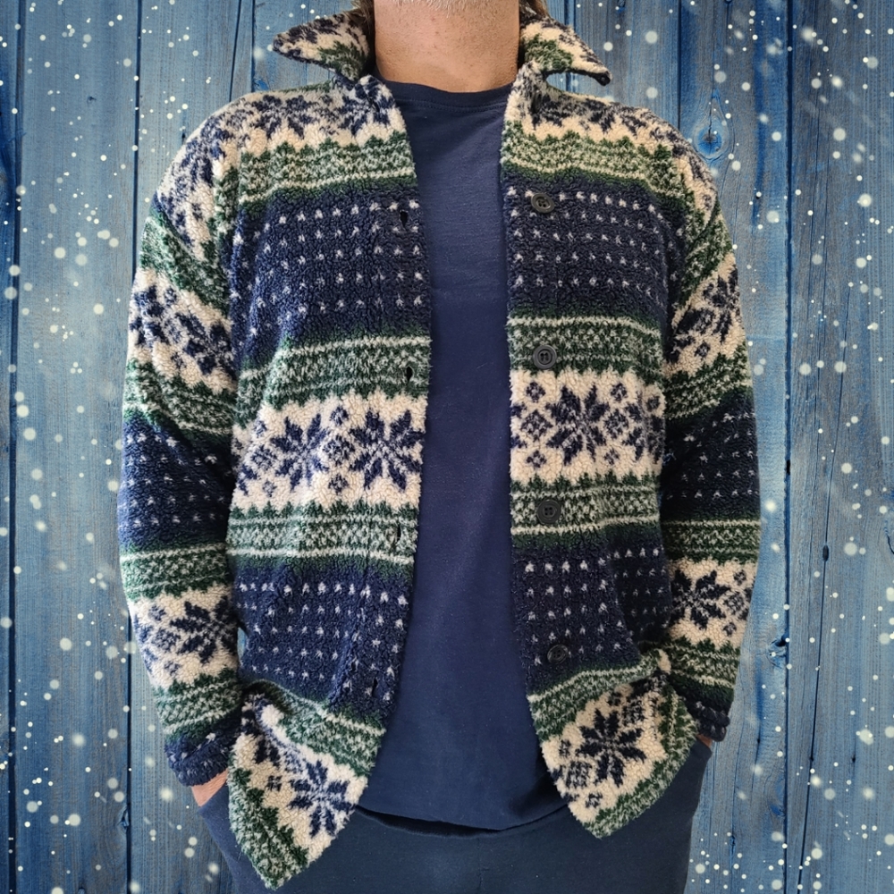 Vintage Fair Isle Pattern Shacket Men's Oversized Small Unisex Jacket Grandpa
